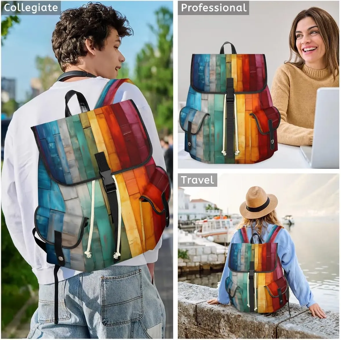 Canvas Laptop Backpack, Wood Grain Laptop Backpacks Rucksack for Men Women, Travel Work Rucksack High Capacity Rainbow Stripes Vintage Backpack