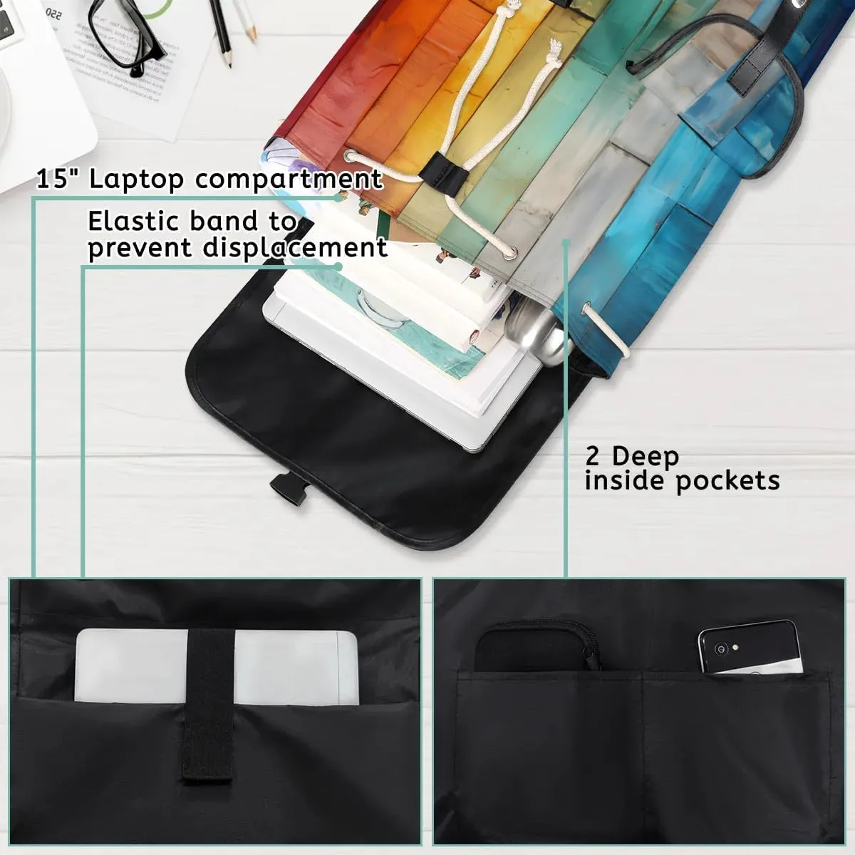 Canvas Laptop Backpack, Wood Grain Laptop Backpacks Rucksack for Men Women, Travel Work Rucksack High Capacity Rainbow Stripes Vintage Backpack