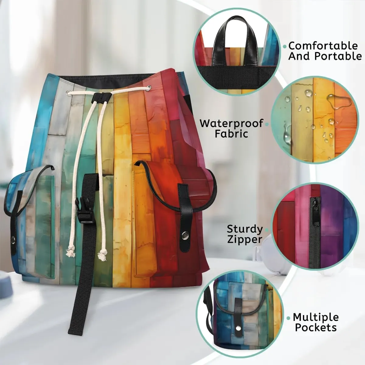 Canvas Laptop Backpack, Wood Grain Laptop Backpacks Rucksack for Men Women, Travel Work Rucksack High Capacity Rainbow Stripes Vintage Backpack