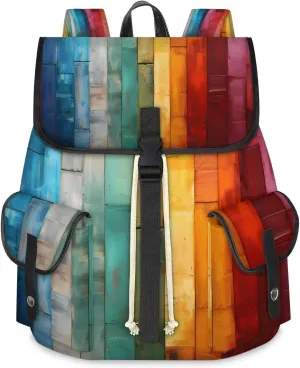 Canvas Laptop Backpack, Wood Grain Laptop Backpacks Rucksack for Men Women, Travel Work Rucksack High Capacity Rainbow Stripes Vintage Backpack