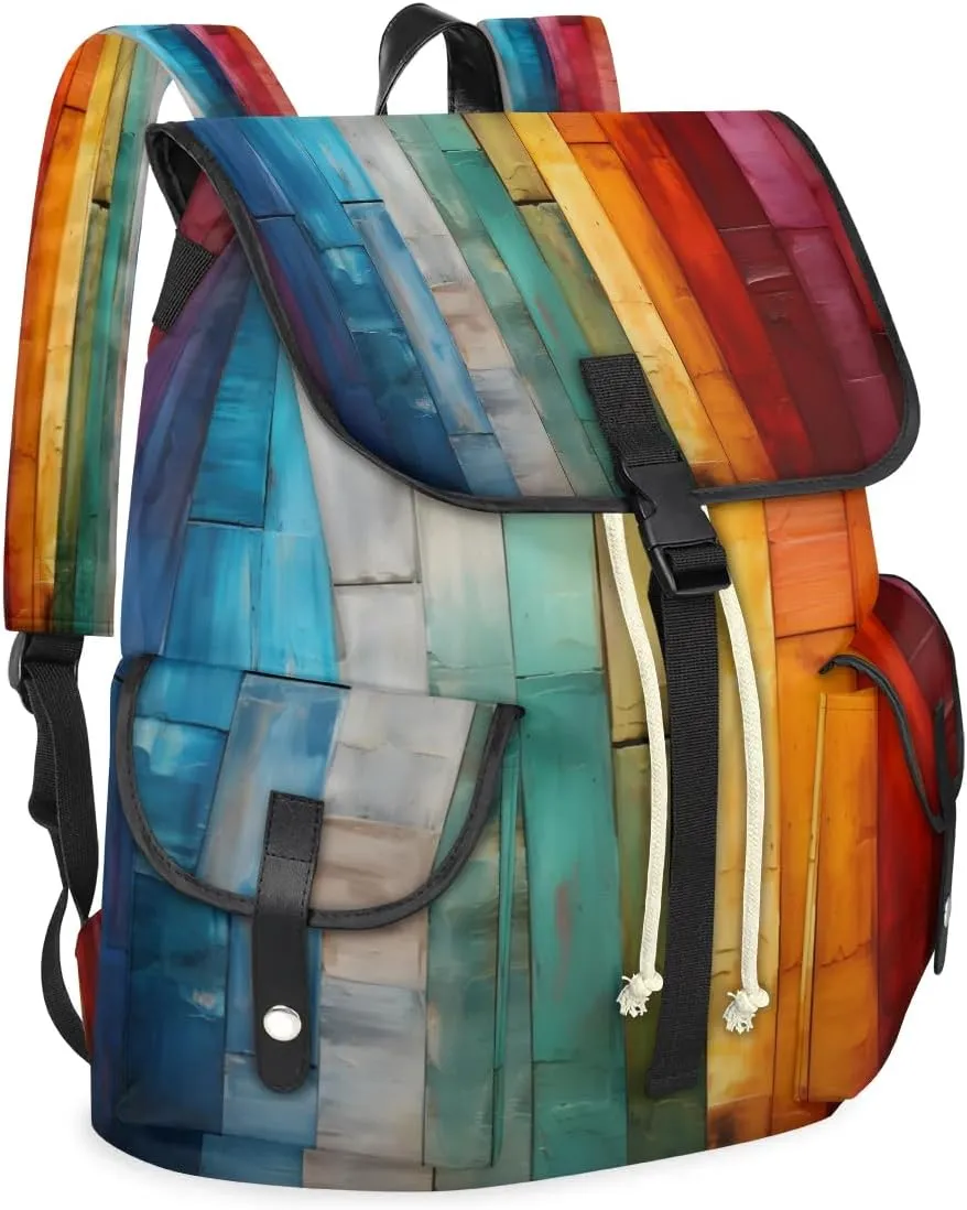 Canvas Laptop Backpack, Wood Grain Laptop Backpacks Rucksack for Men Women, Travel Work Rucksack High Capacity Rainbow Stripes Vintage Backpack
