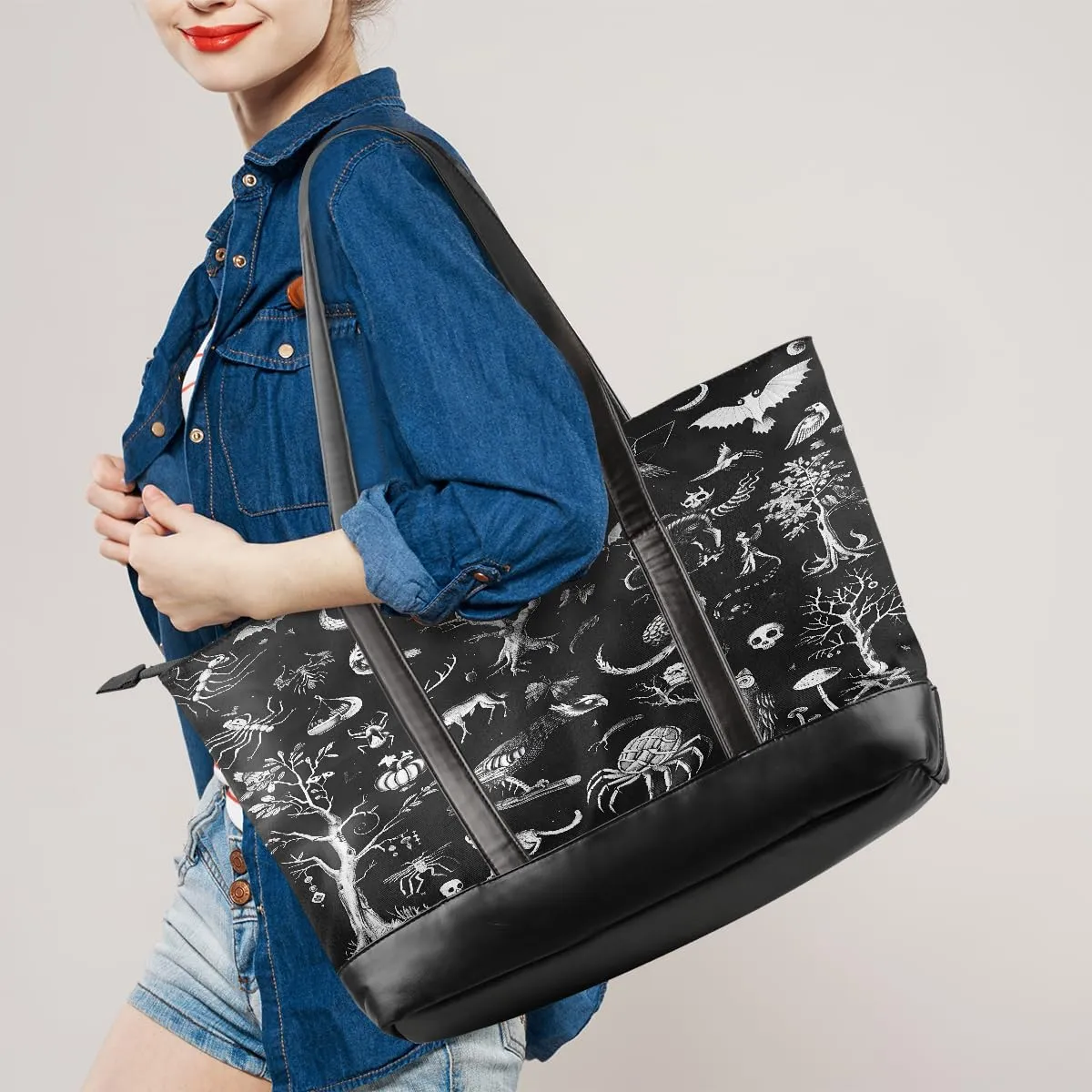 Canvas Laptop Tote Bag for Women Animal Tree Black 15.6 Inch Large Capacity Computer Bag