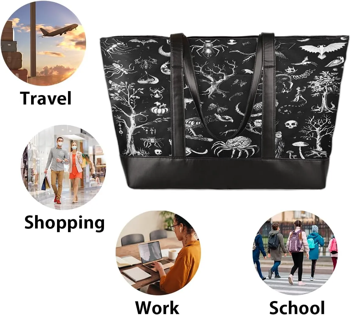 Canvas Laptop Tote Bag for Women Animal Tree Black 15.6 Inch Large Capacity Computer Bag