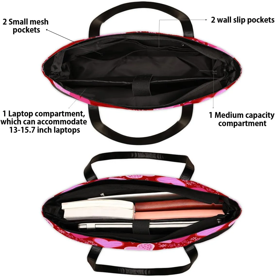 Canvas Laptop Tote Bag for Women Heart Print Snowflake Red 15.6 Inch Large Capacity Computer Bag