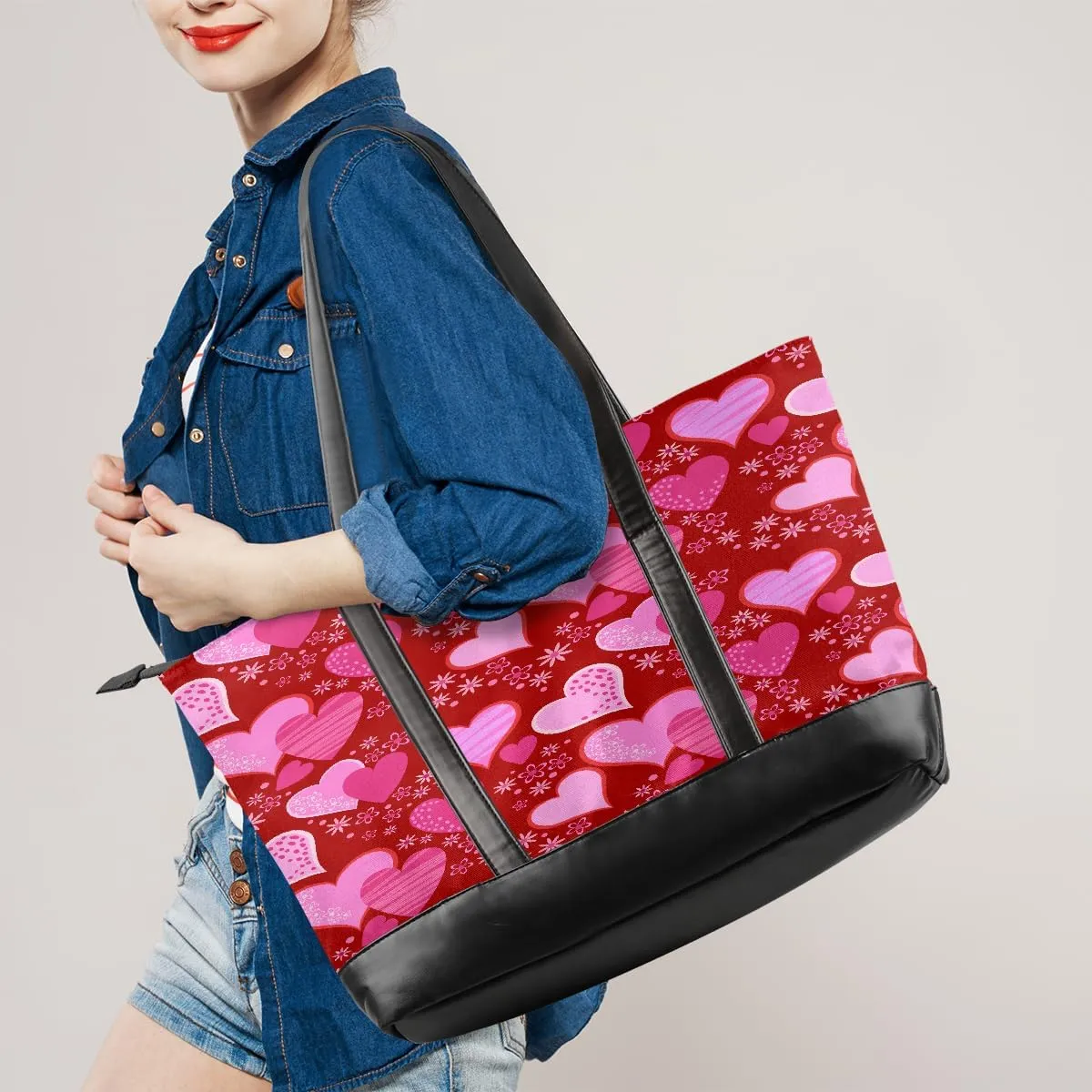 Canvas Laptop Tote Bag for Women Heart Print Snowflake Red 15.6 Inch Large Capacity Computer Bag