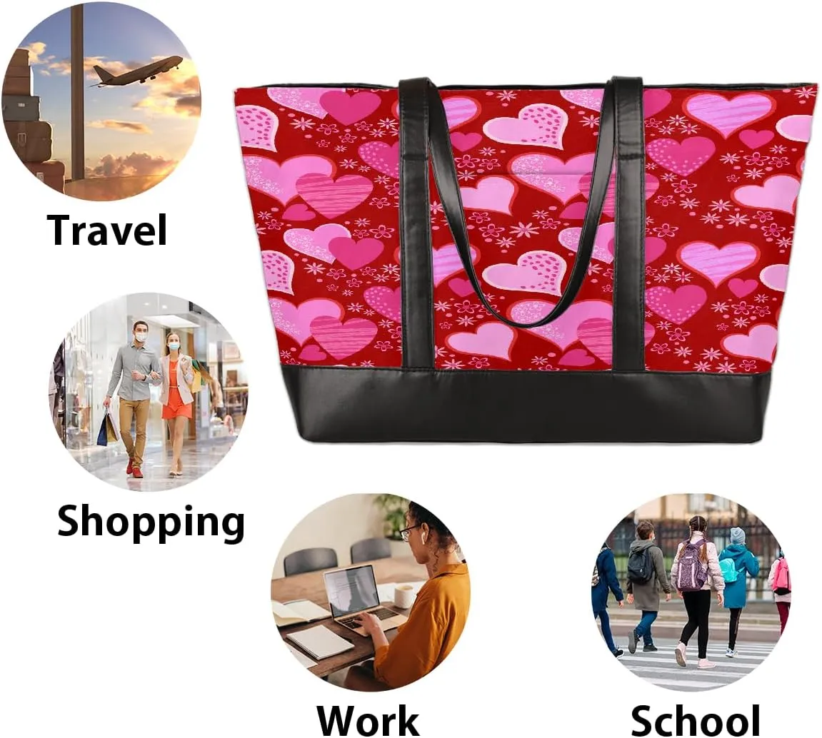 Canvas Laptop Tote Bag for Women Heart Print Snowflake Red 15.6 Inch Large Capacity Computer Bag