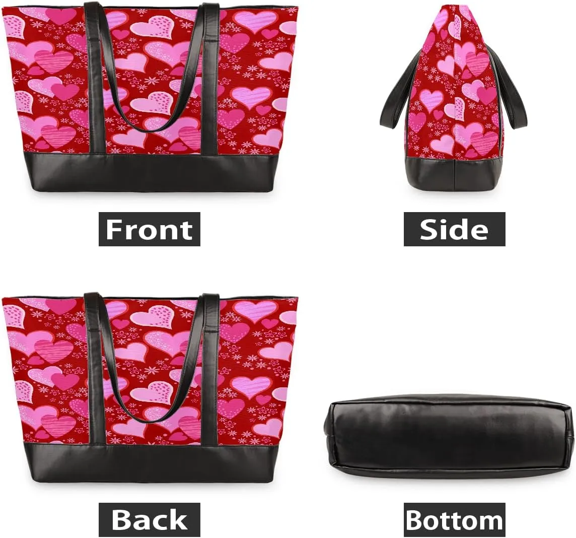 Canvas Laptop Tote Bag for Women Heart Print Snowflake Red 15.6 Inch Large Capacity Computer Bag