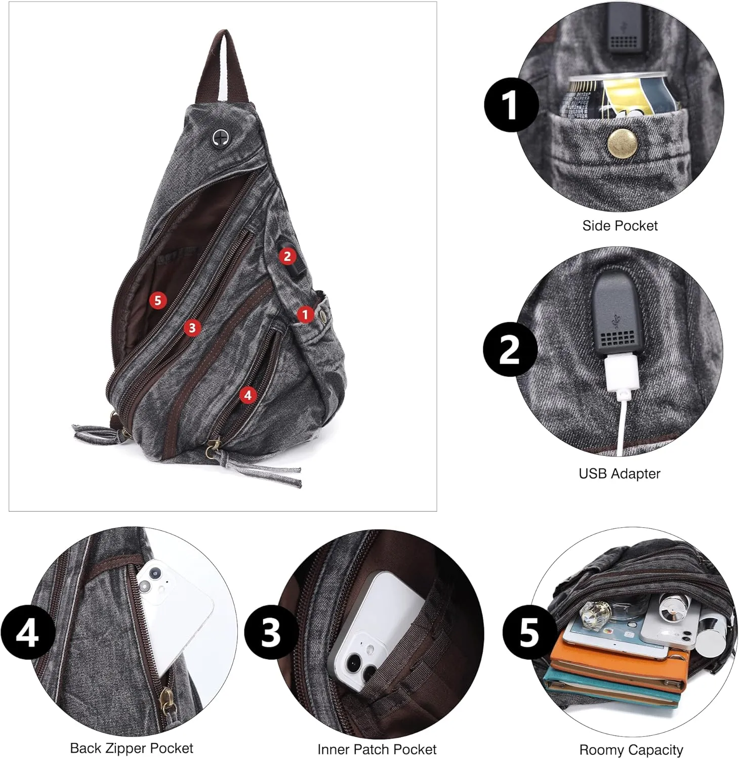 Canvas Sling Bag Crossbody Backpack Genuine Leather Shoulder Bag Casual Daypacks For Men