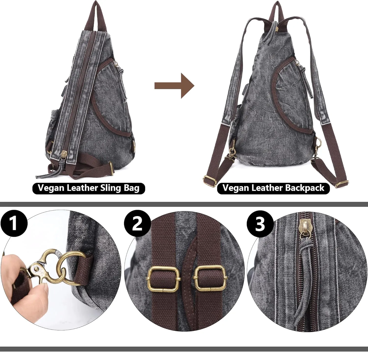 Canvas Sling Bag Crossbody Backpack Genuine Leather Shoulder Bag Casual Daypacks For Men