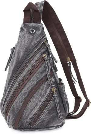 Canvas Sling Bag Crossbody Backpack Genuine Leather Shoulder Bag Casual Daypacks For Men