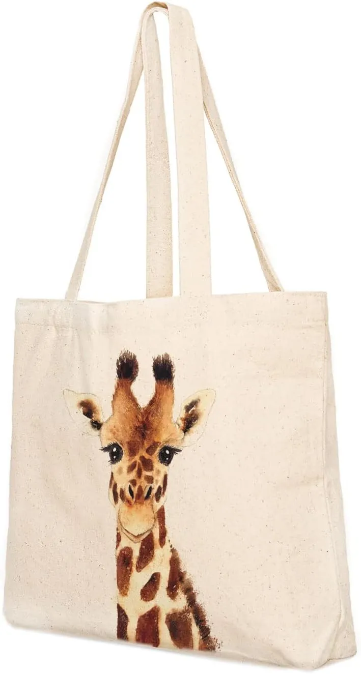 Canvas Tote Bag, Animal Design, Heavy Duty Gusseted, 100% Natural Cotton, for Shopping, Grocery, Laptop (T-GIRAFFE-XL)