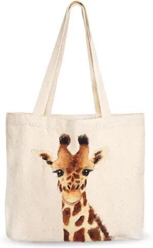 Canvas Tote Bag, Animal Design, Heavy Duty Gusseted, 100% Natural Cotton, for Shopping, Grocery, Laptop (T-GIRAFFE-XL)