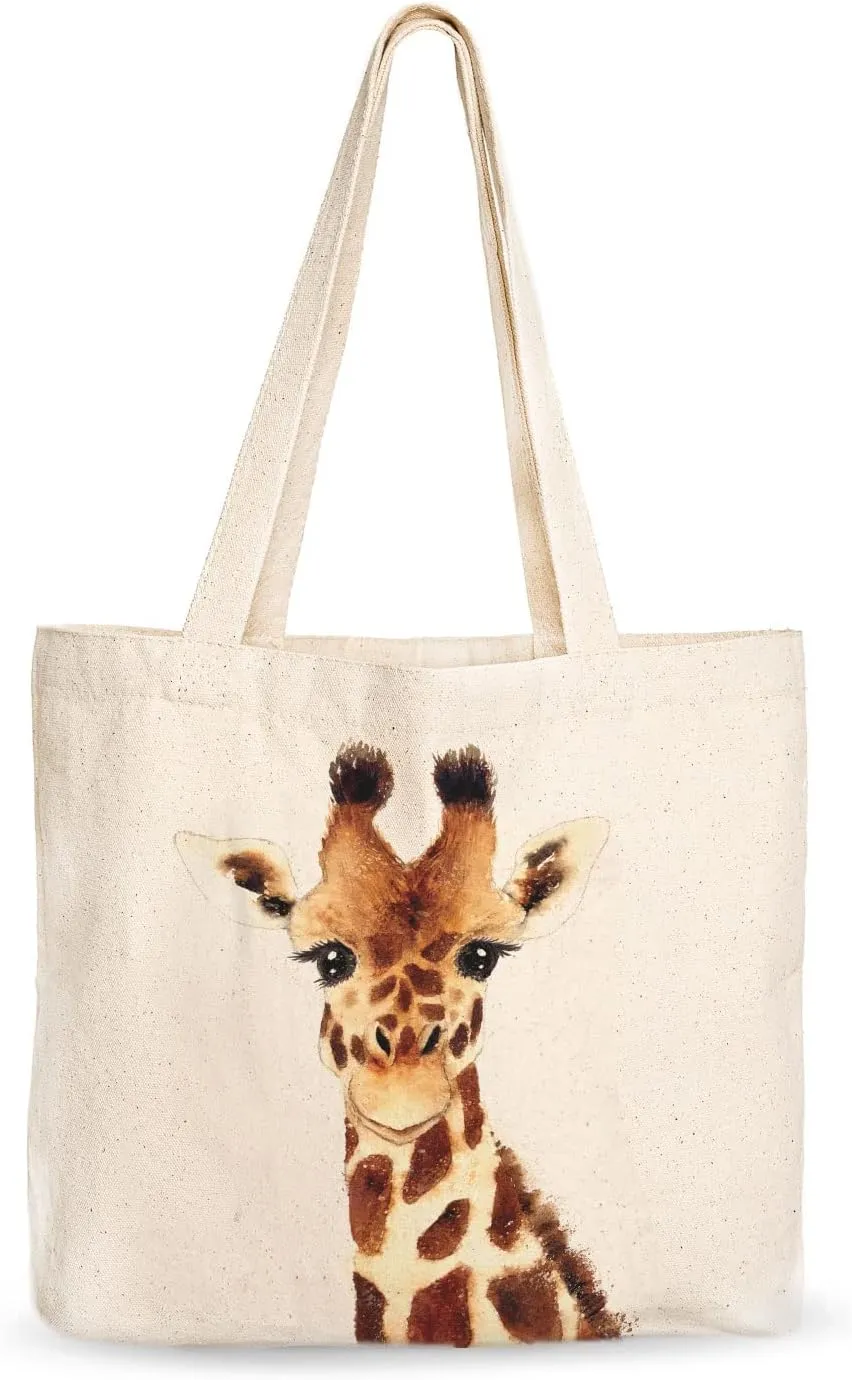 Canvas Tote Bag, Animal Design, Heavy Duty Gusseted, 100% Natural Cotton, for Shopping, Grocery, Laptop (T-GIRAFFE-XL)