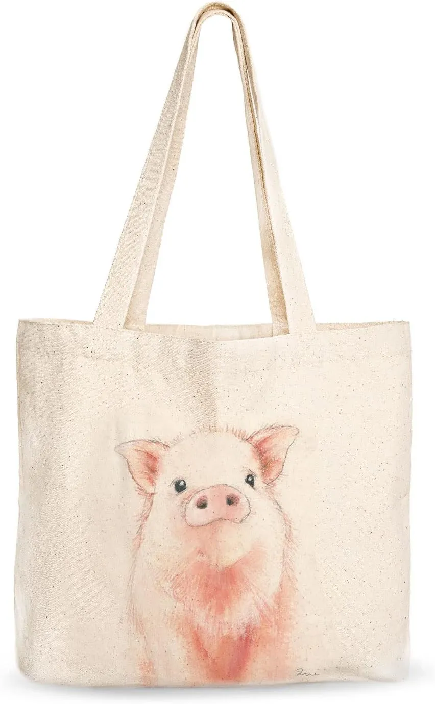 Canvas Tote Bag, Animal Design, Heavy Duty Gusseted, 100% Natural Cotton, for Shopping, Grocery, Laptop (T-PIGGY-XL)