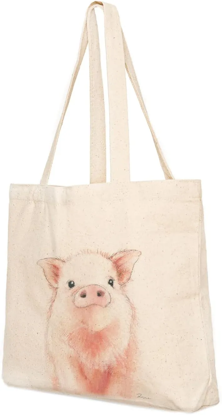 Canvas Tote Bag, Animal Design, Heavy Duty Gusseted, 100% Natural Cotton, for Shopping, Grocery, Laptop (T-PIGGY-XL)