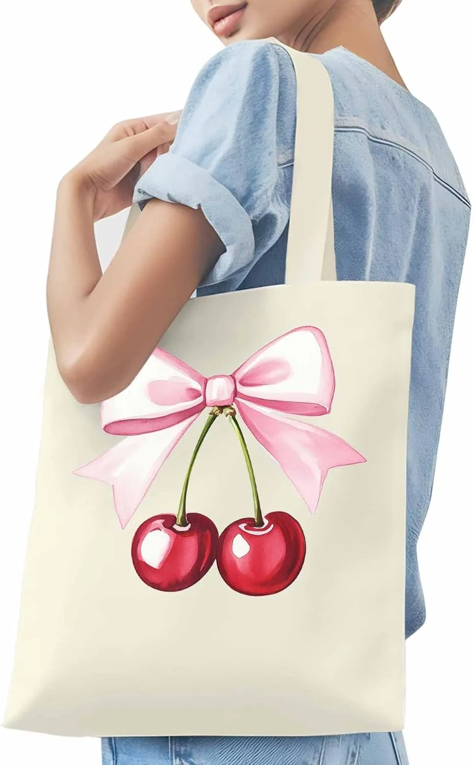 Canvas Tote Bag Cherry Bow Reusable Grocery Shopping Bags with Handle, Romantic Girl Large Canvas