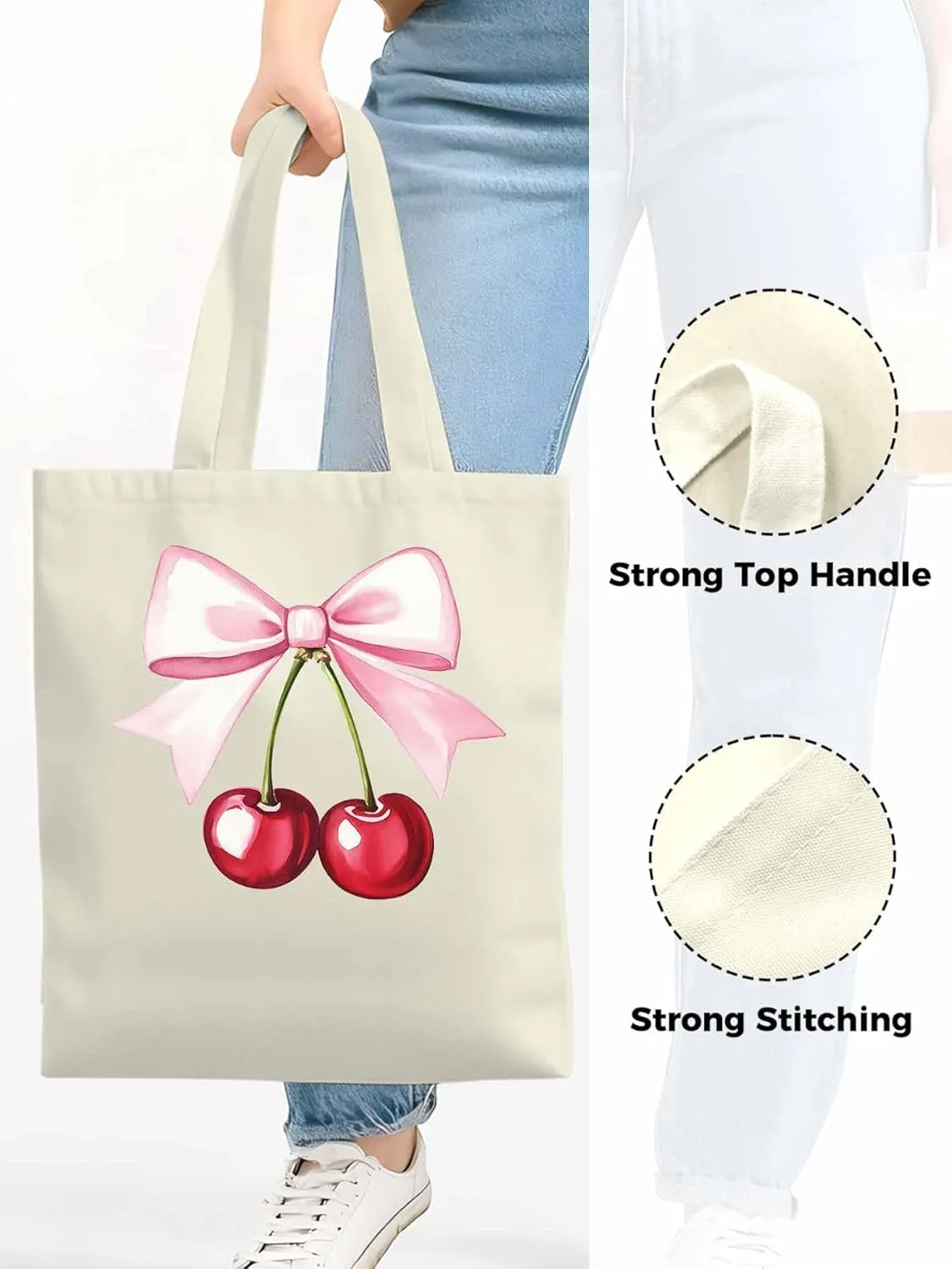 Canvas Tote Bag Cherry Bow Reusable Grocery Shopping Bags with Handle, Romantic Girl Large Canvas