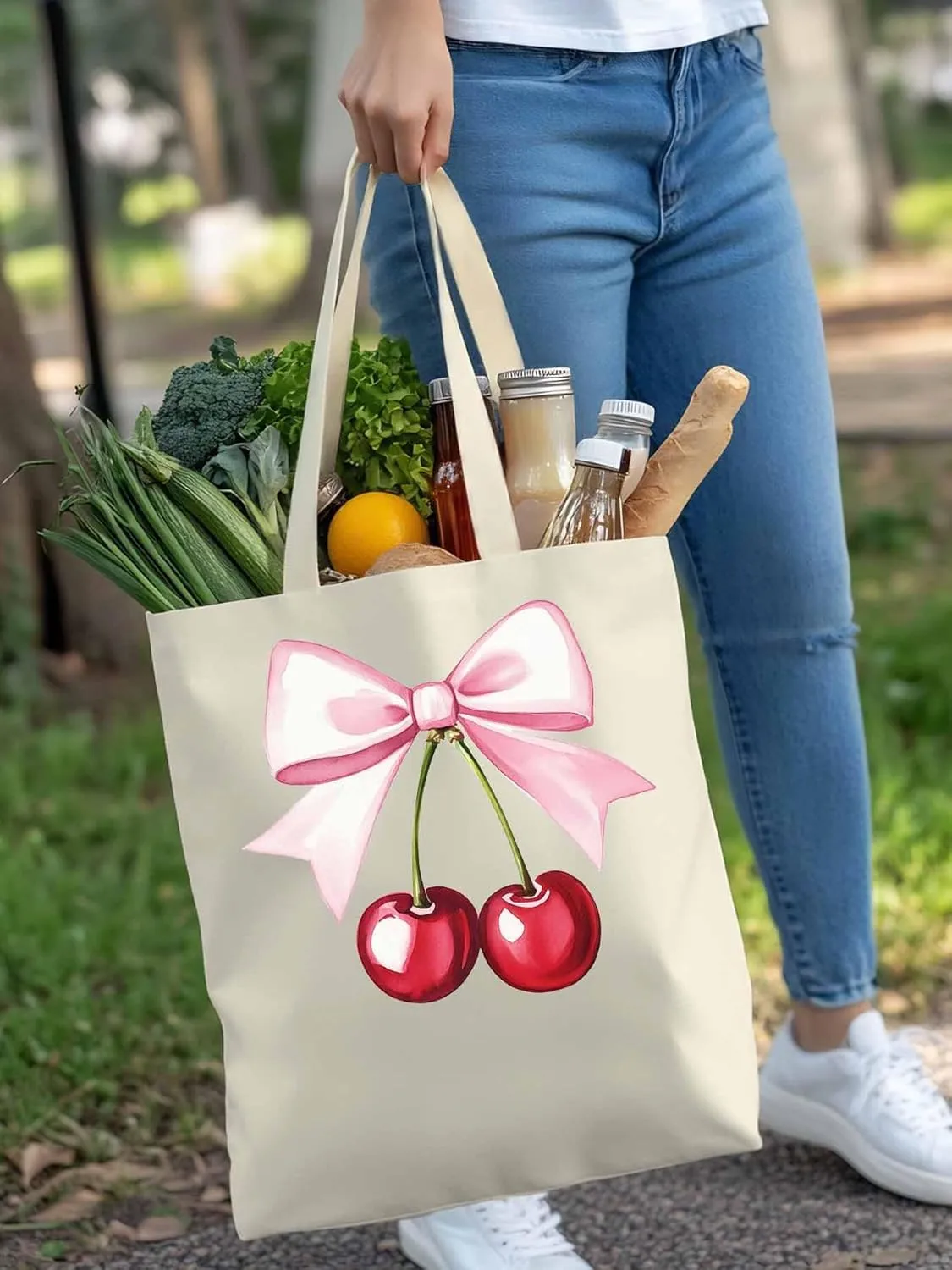 Canvas Tote Bag Cherry Bow Reusable Grocery Shopping Bags with Handle, Romantic Girl Large Canvas