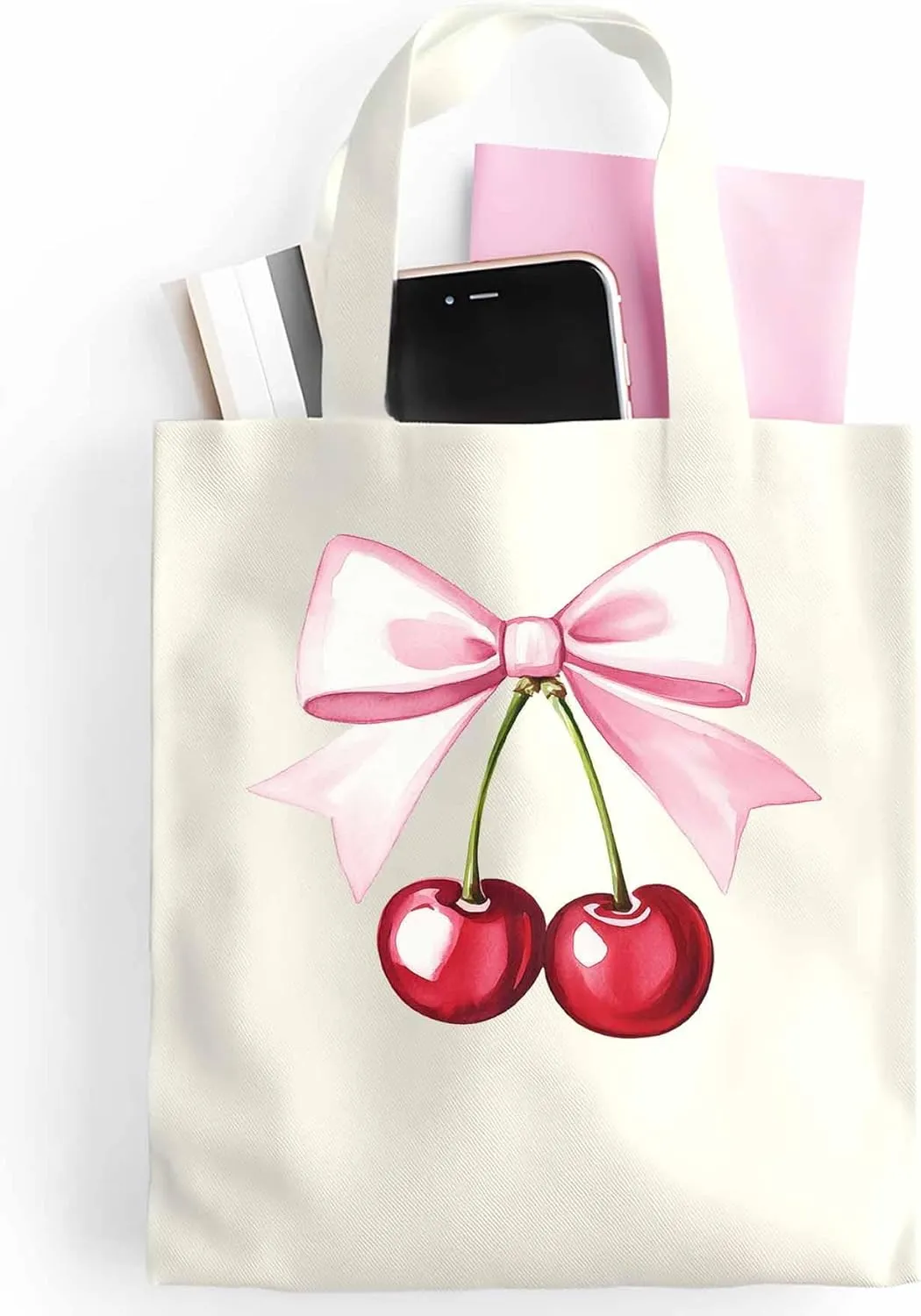 Canvas Tote Bag Cherry Bow Reusable Grocery Shopping Bags with Handle, Romantic Girl Large Canvas