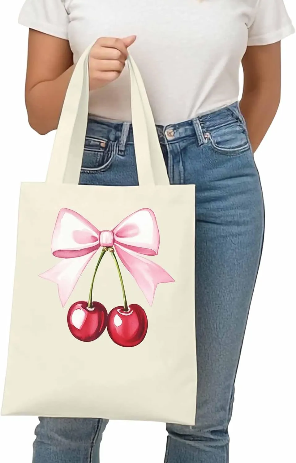 Canvas Tote Bag Cherry Bow Reusable Grocery Shopping Bags with Handle, Romantic Girl Large Canvas