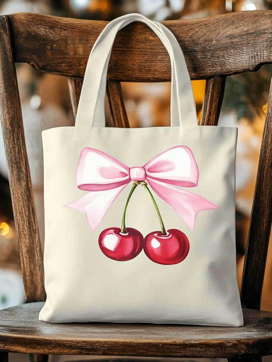 Canvas Tote Bag Cherry Bow Reusable Grocery Shopping Bags with Handle, Romantic Girl Large Canvas