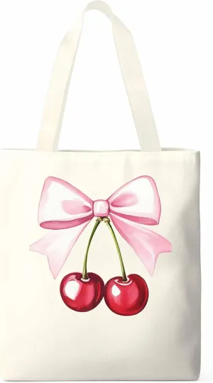 Canvas Tote Bag Cherry Bow Reusable Grocery Shopping Bags with Handle, Romantic Girl Large Canvas