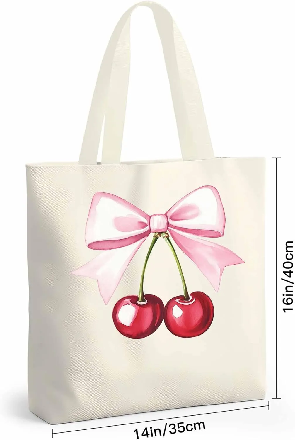 Canvas Tote Bag Cherry Bow Reusable Grocery Shopping Bags with Handle, Romantic Girl Large Canvas