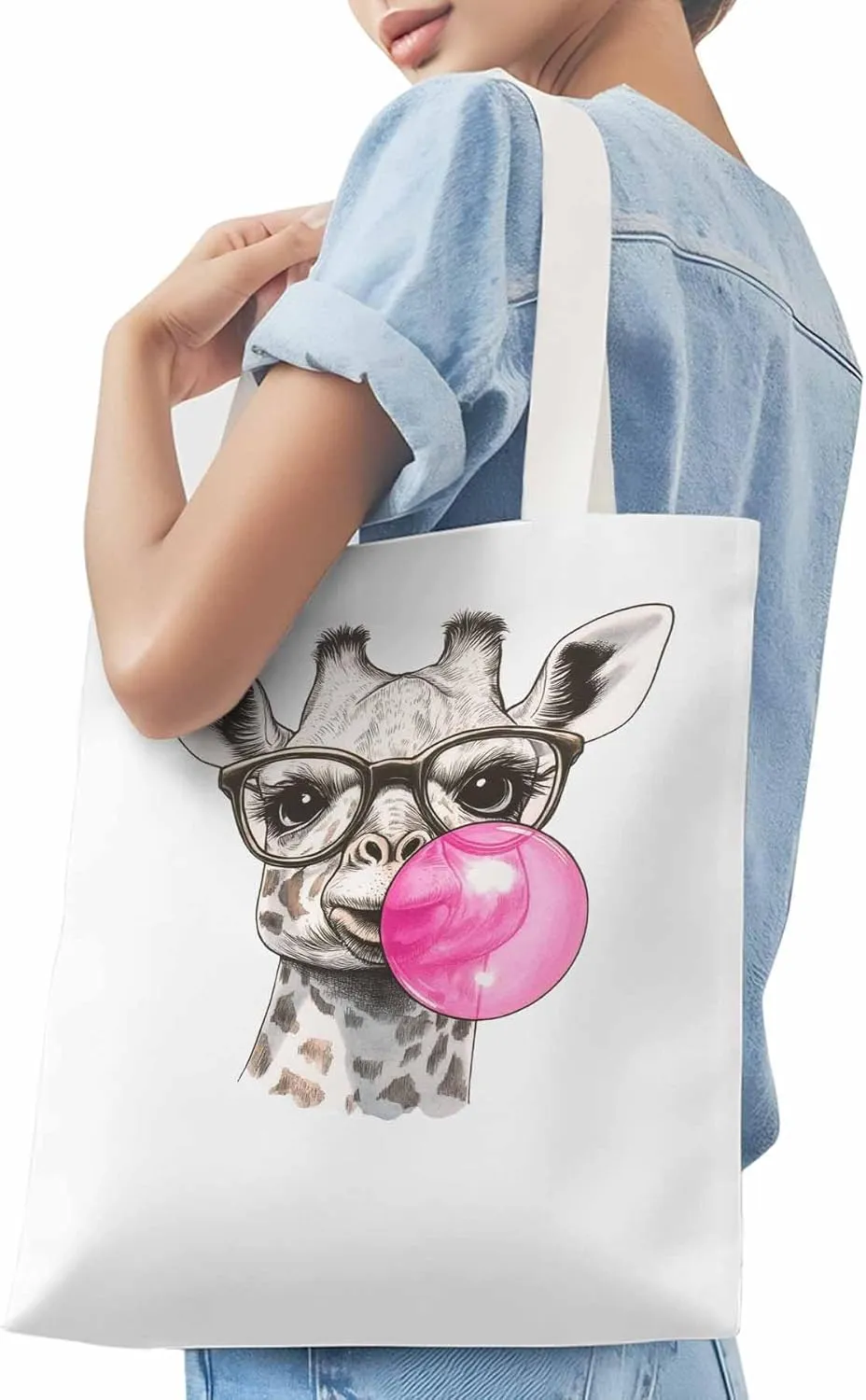 Canvas Tote Bag Giraffe Pink Bubble Reusable Grocery Shopping Bags with Handle, Fun Animal Large Canvas