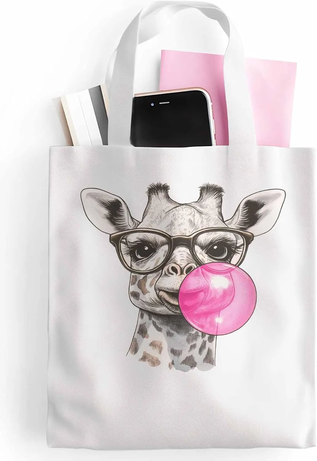 Canvas Tote Bag Giraffe Pink Bubble Reusable Grocery Shopping Bags with Handle, Fun Animal Large Canvas