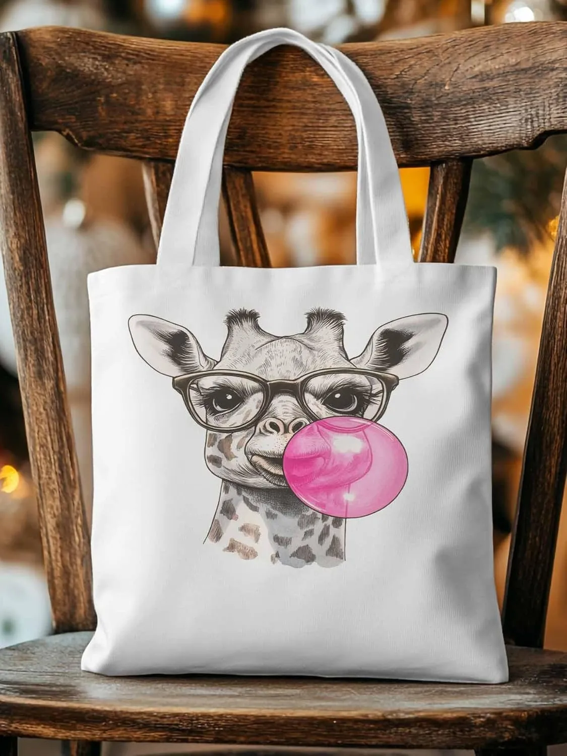 Canvas Tote Bag Giraffe Pink Bubble Reusable Grocery Shopping Bags with Handle, Fun Animal Large Canvas