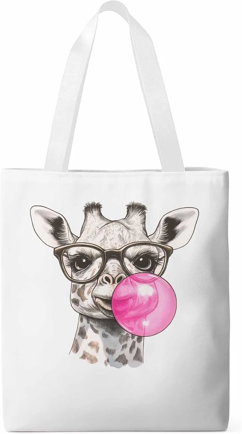 Canvas Tote Bag Giraffe Pink Bubble Reusable Grocery Shopping Bags with Handle, Fun Animal Large Canvas
