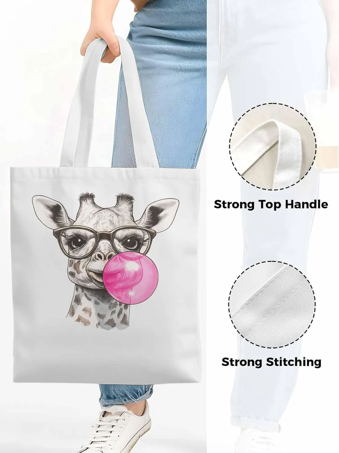 Canvas Tote Bag Giraffe Pink Bubble Reusable Grocery Shopping Bags with Handle, Fun Animal Large Canvas