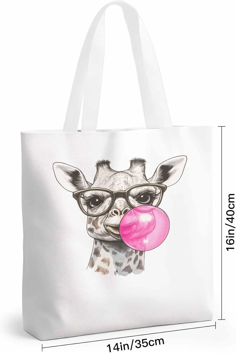 Canvas Tote Bag Giraffe Pink Bubble Reusable Grocery Shopping Bags with Handle, Fun Animal Large Canvas