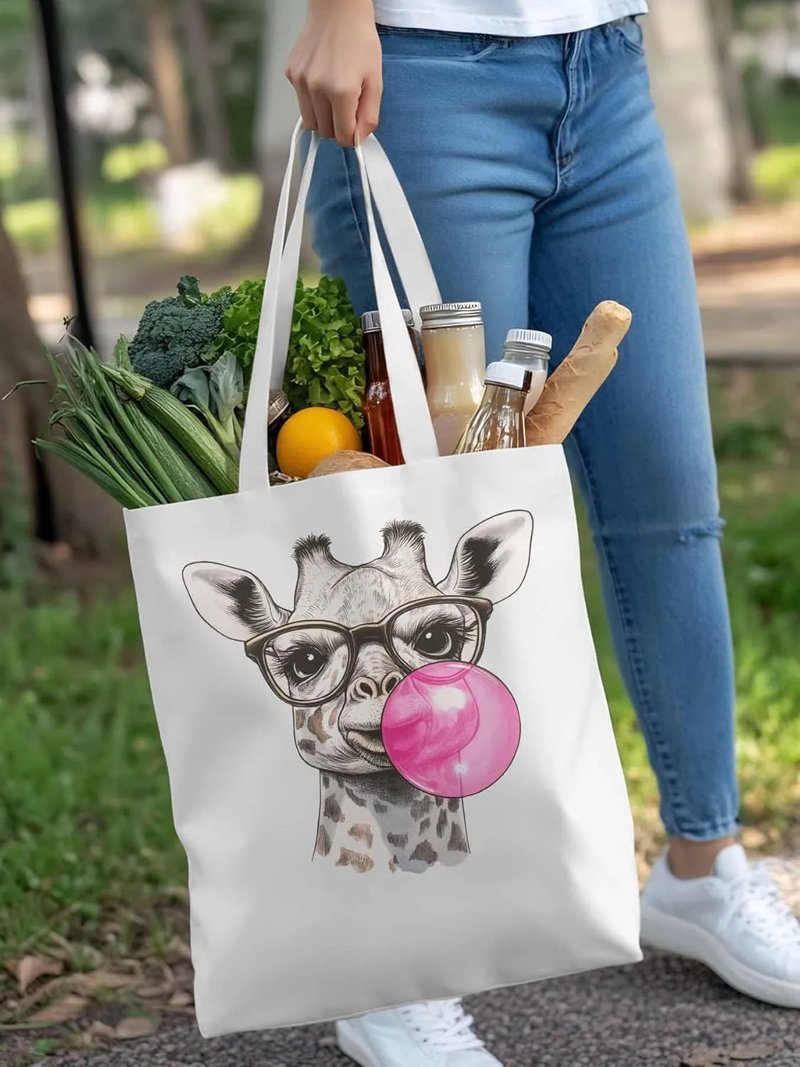 Canvas Tote Bag Giraffe Pink Bubble Reusable Grocery Shopping Bags with Handle, Fun Animal Large Canvas