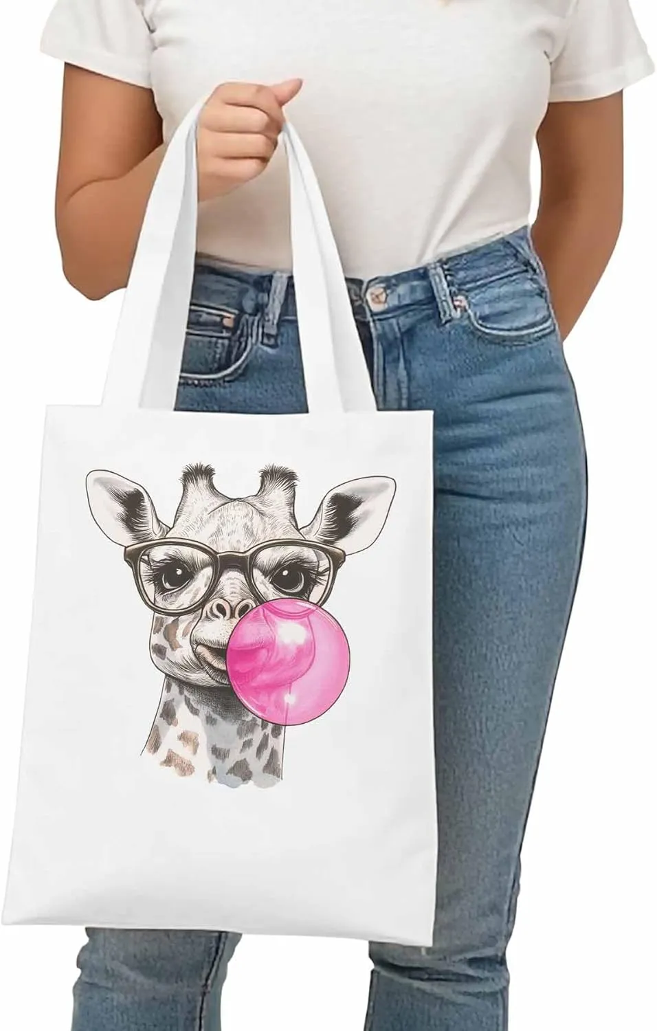 Canvas Tote Bag Giraffe Pink Bubble Reusable Grocery Shopping Bags with Handle, Fun Animal Large Canvas