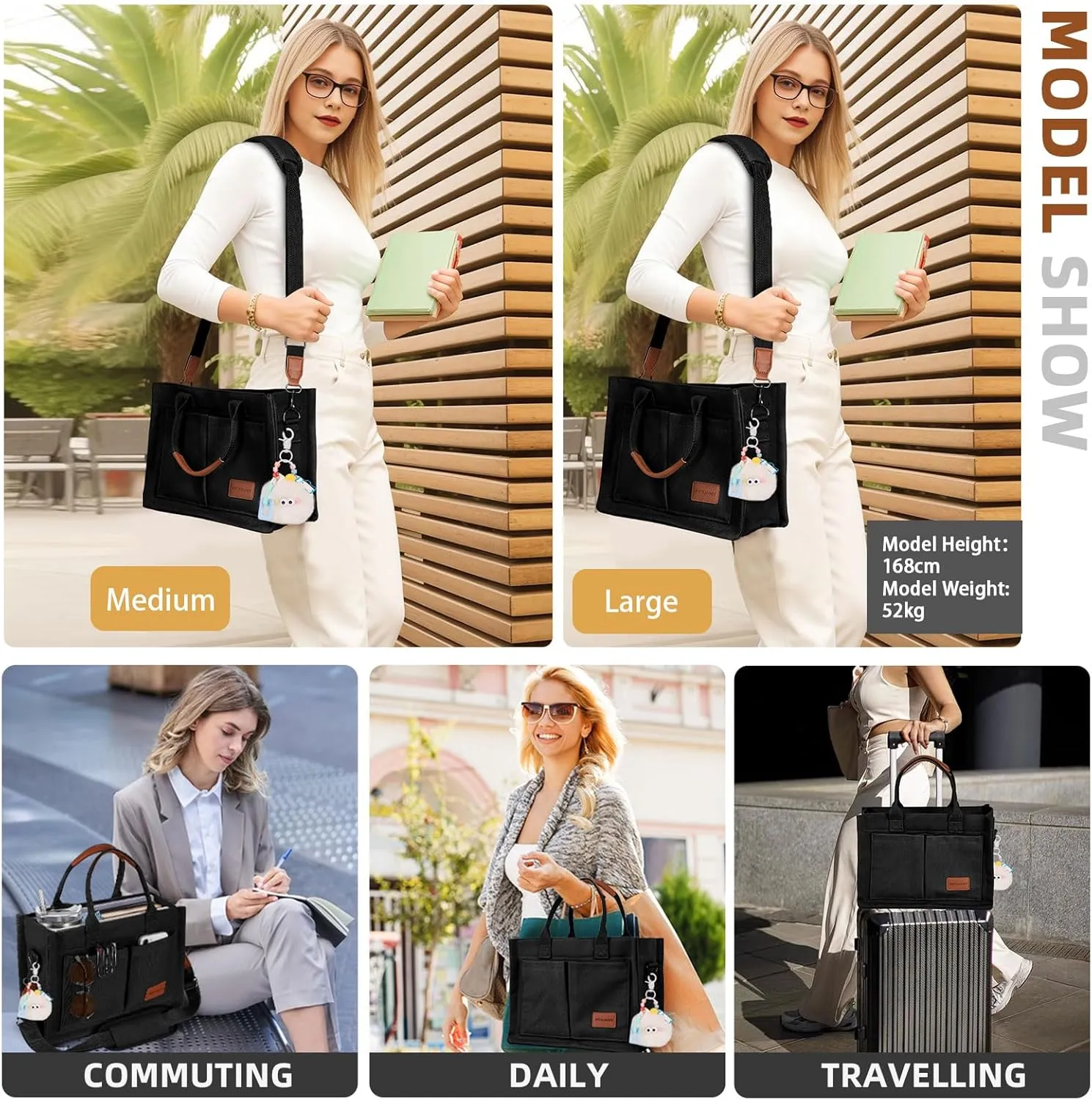 Canvas Tote Bag Purse for Women with Zipper Closure, Individual Compartments & Bottom Suppor