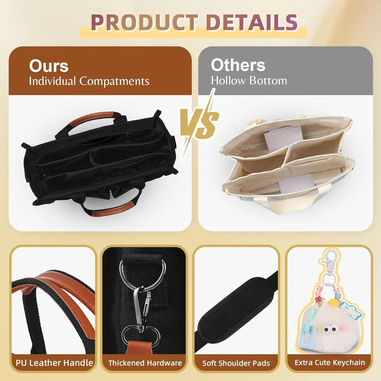 Canvas Tote Bag Purse for Women with Zipper Closure, Individual Compartments & Bottom Suppor