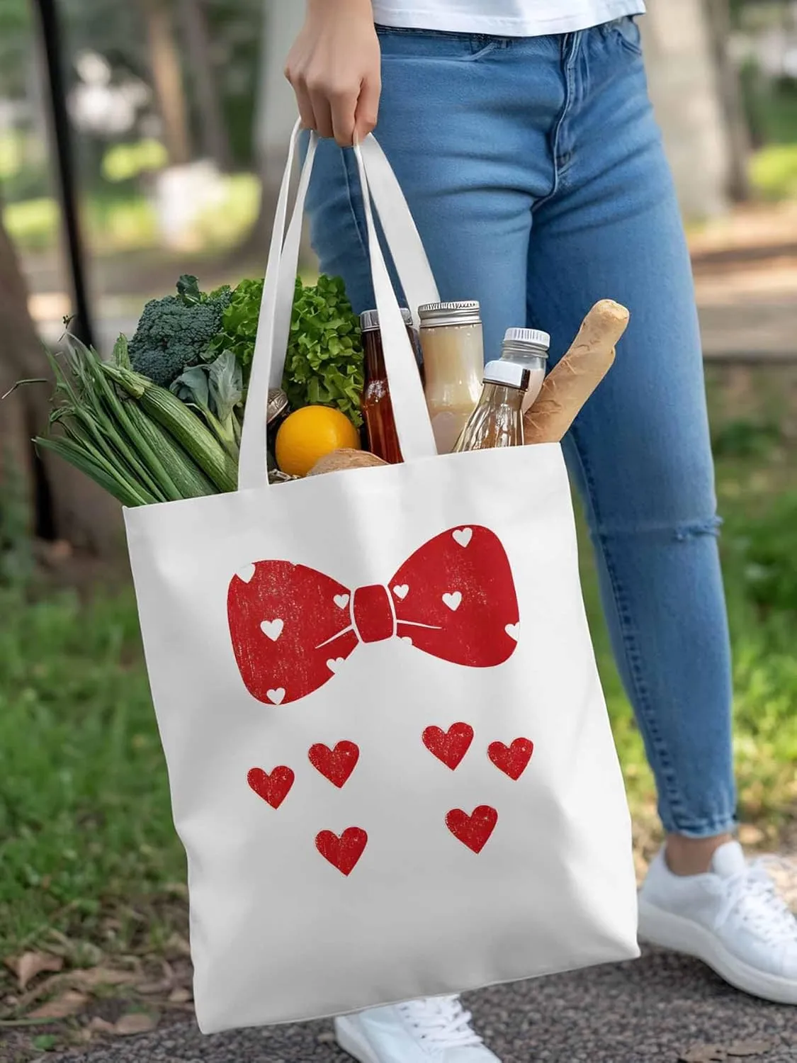 Canvas Tote Bag Red Love Bow Reusable Grocery Shopping Bags with Handle, Romantic Heart Large Canvas