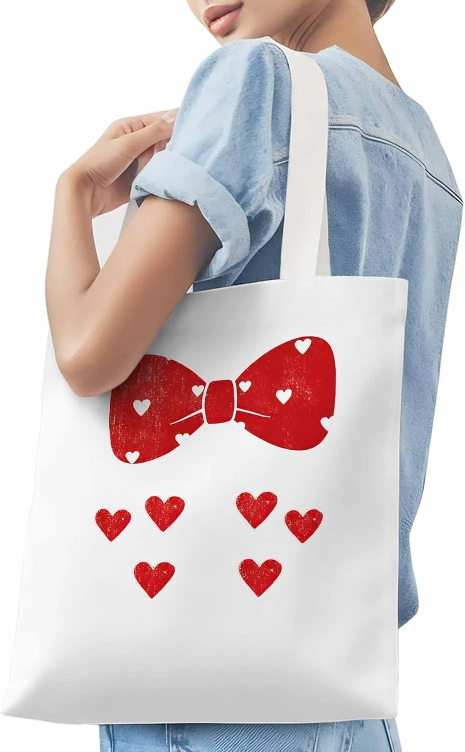 Canvas Tote Bag Red Love Bow Reusable Grocery Shopping Bags with Handle, Romantic Heart Large Canvas