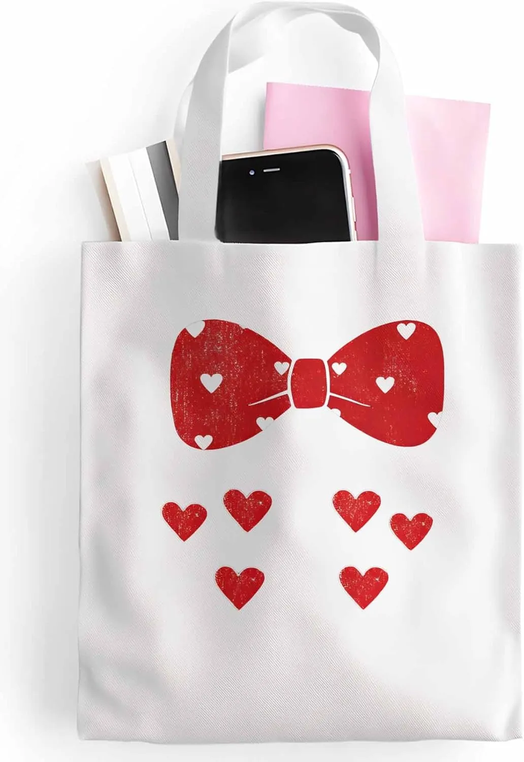 Canvas Tote Bag Red Love Bow Reusable Grocery Shopping Bags with Handle, Romantic Heart Large Canvas