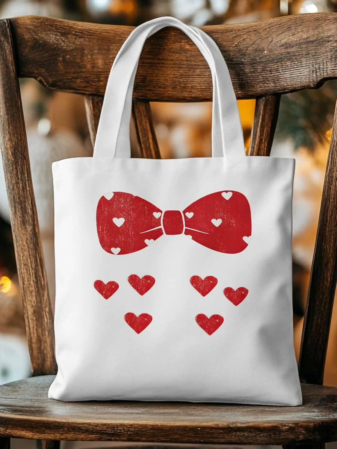 Canvas Tote Bag Red Love Bow Reusable Grocery Shopping Bags with Handle, Romantic Heart Large Canvas
