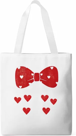 Canvas Tote Bag Red Love Bow Reusable Grocery Shopping Bags with Handle, Romantic Heart Large Canvas