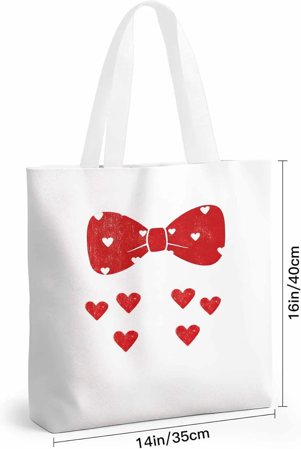 Canvas Tote Bag Red Love Bow Reusable Grocery Shopping Bags with Handle, Romantic Heart Large Canvas