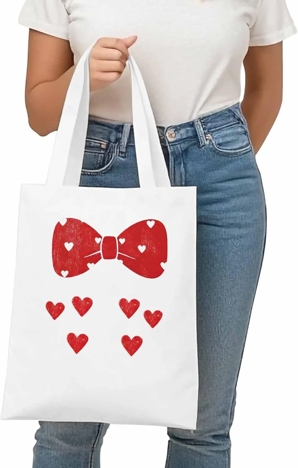 Canvas Tote Bag Red Love Bow Reusable Grocery Shopping Bags with Handle, Romantic Heart Large Canvas