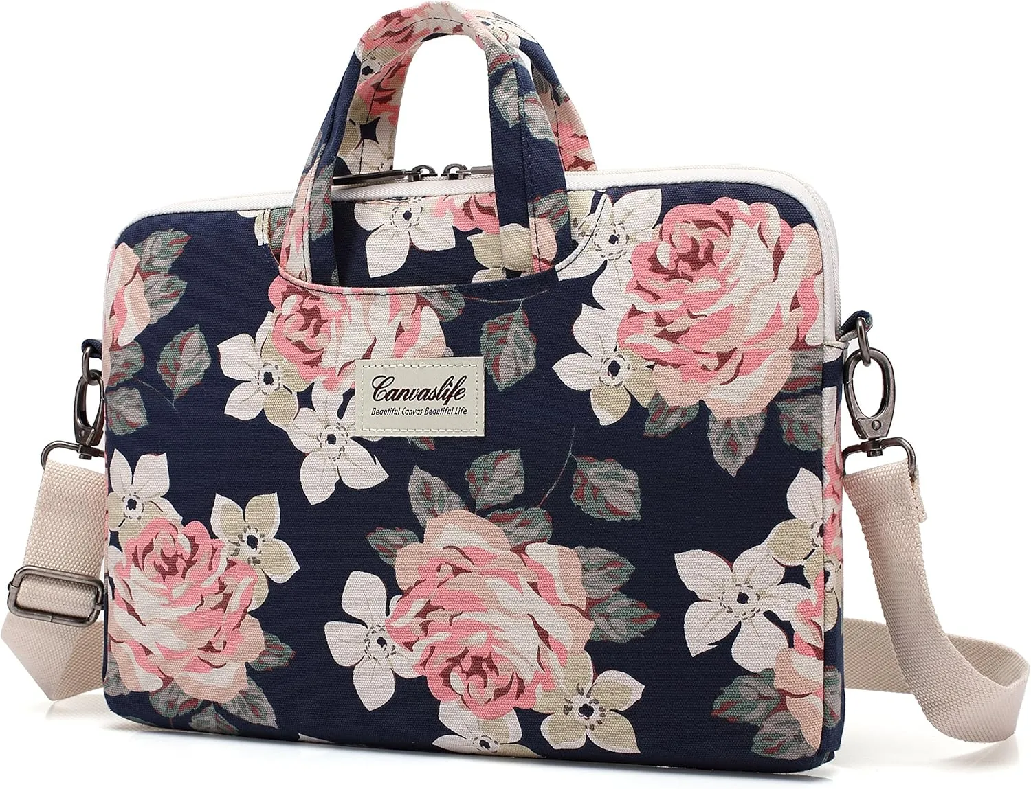 canvaslife White Rose Patten Waterproof Shoulder Messenger Bag Case Sleeve for 14 Inch 15 Inch Laptop Briefcase 15.6 Inch