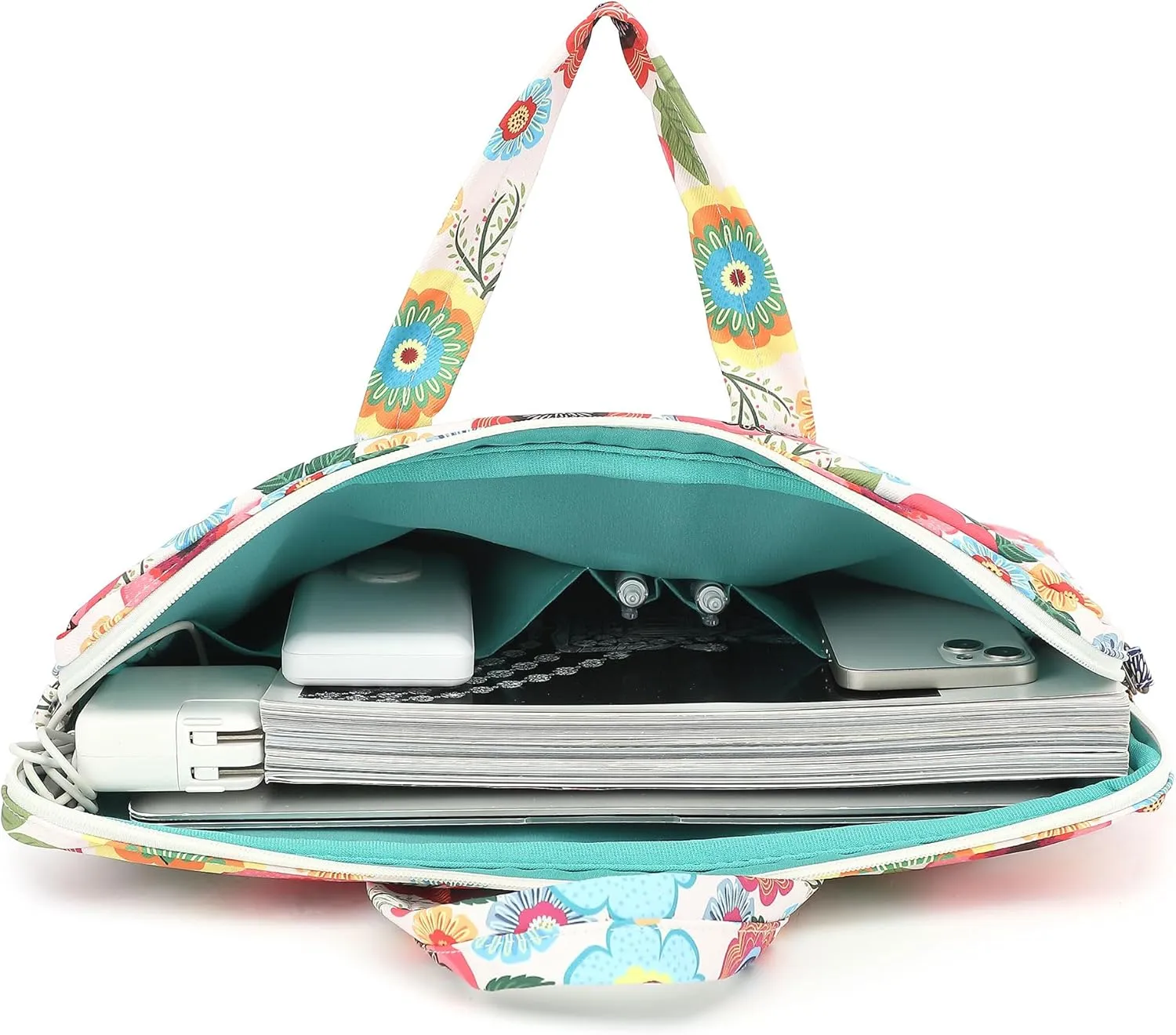 Canvaslove Muti-Pockets Laptop Sleeve Case Bag,Rebound Bubble Cushioned Laptop Shoulder Bag Fits Laptop 15.6 inch-16 inch (Red Flower)