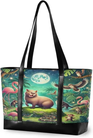 Capybara Jungle Moon Laptop Tote Bag for Women Canvas Teacher Tote Bags Handbags Purse Travel Work Bag with Zipper