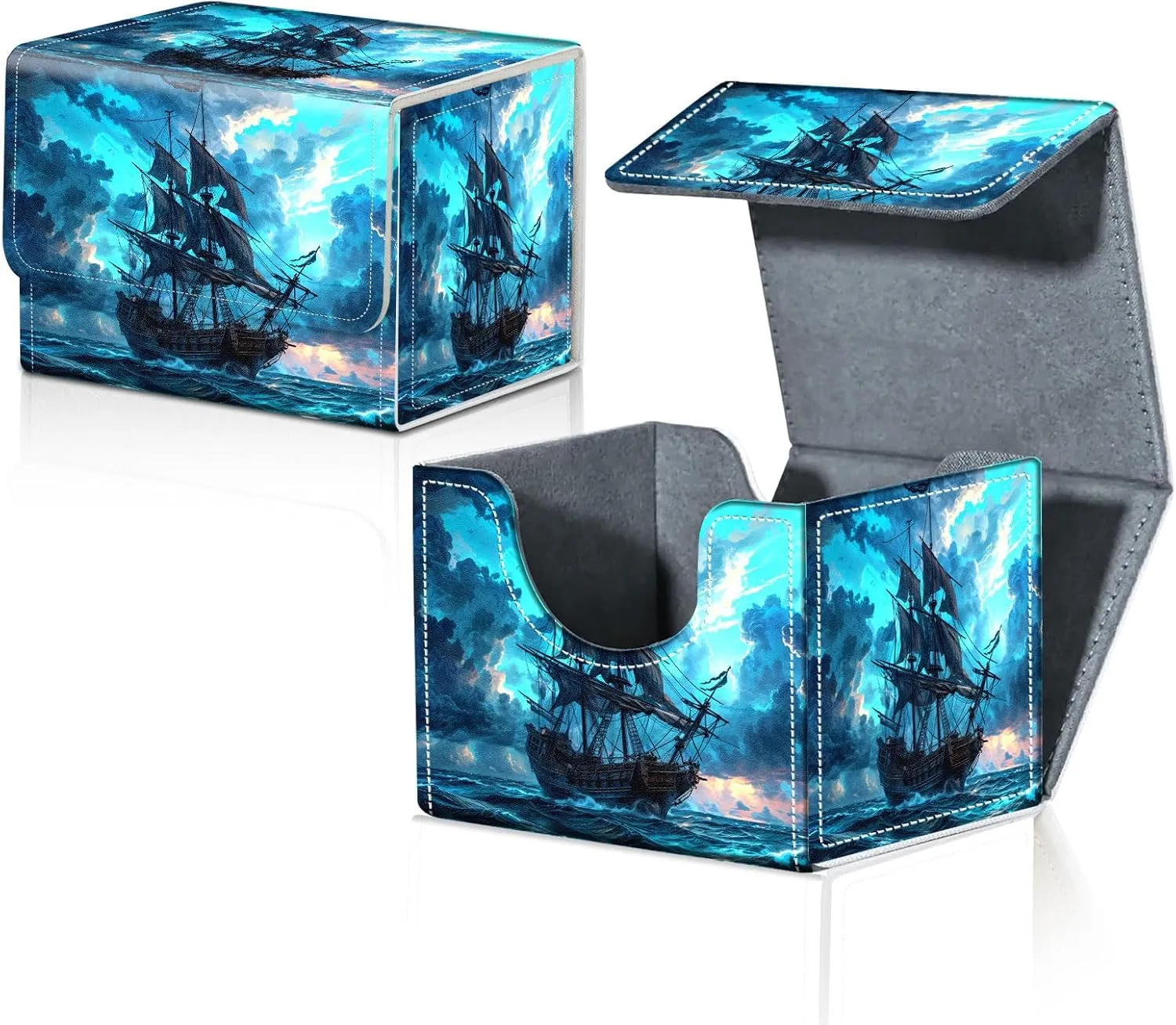 Card Deck Box for MTG Trading Cards with Magnetic Closure,Premium Card Storage Box Case Cover for TCG CCG Magic Cards,Blue Pirate Ship