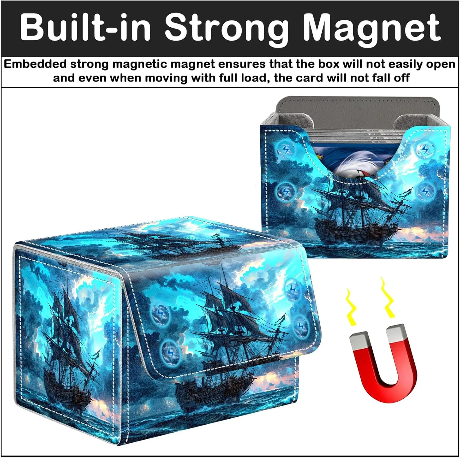 Card Deck Box for MTG Trading Cards with Magnetic Closure,Premium Card Storage Box Case Cover for TCG CCG Magic Cards,Blue Pirate Ship