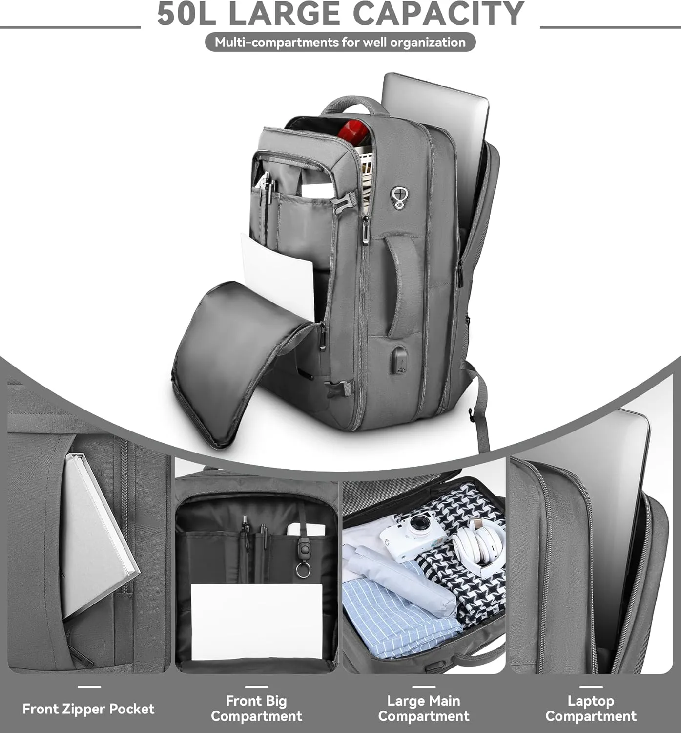 Carry On Backpack, 50L Extra Travel Laptop Backpack for Men Women, Big Bag Business Travel Essentials Gifts for men Flight Approved, 17 Inch Laptop Backpack Computer Bag Gifts for Him Men, Grey